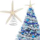 Lenwen Natural Starfish Christmas Tree Topper 8.7'' Beach Nautical Coastal Christmas Tree Topper Decoration Rustic Large Starfish Treetop Ornaments for Xmas Holiday Indoor Decor(White,Classic Style)