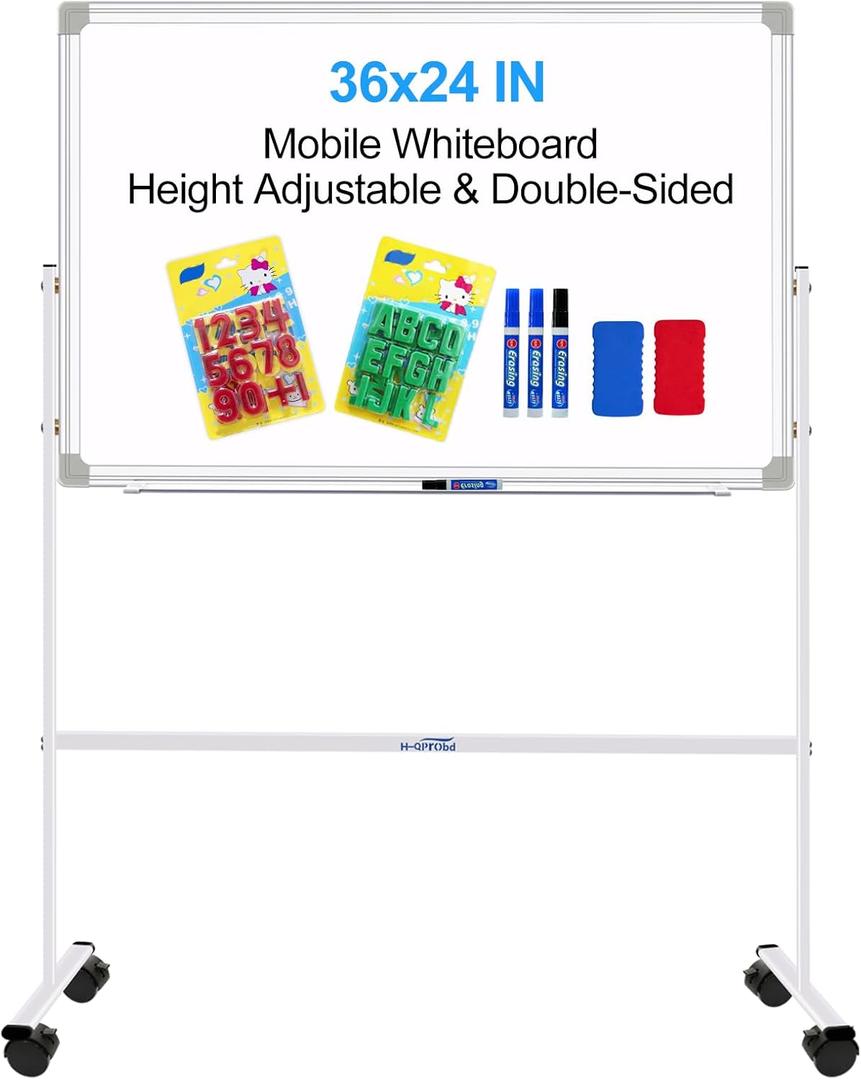 H-Qprobd Magnetic Dry Erase Board with Stand Double-Sided Mobile Whiteboard - 36"x24" Adjustable Height Rolling White Boards on Wheels for Kids & Adults