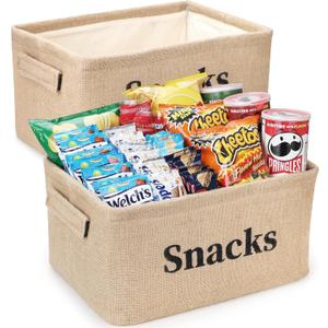 2 Pack Snack Storage Organizer Basket Bins for Pantry Shelf and Countertop, Large Burlap Snacks Basket Container for Kitchen Office Popcorn Candy Pretzels and more