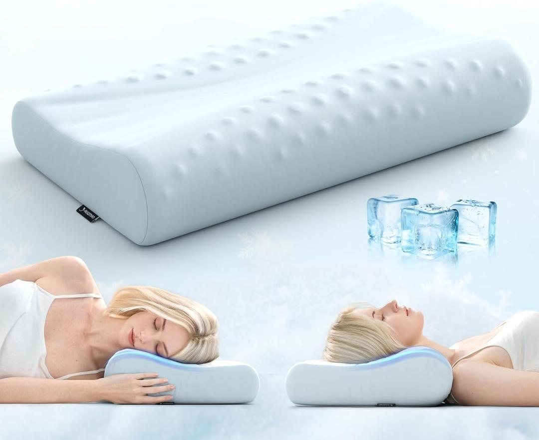 Ruizman Memory Foam Contour Pillow  Cooling Cervical Neck Pillow for Sleeping  Patented Ergonomic 2 Heights Design Contour Pillow for Side Back Stomach Sleepers (Light Blue)