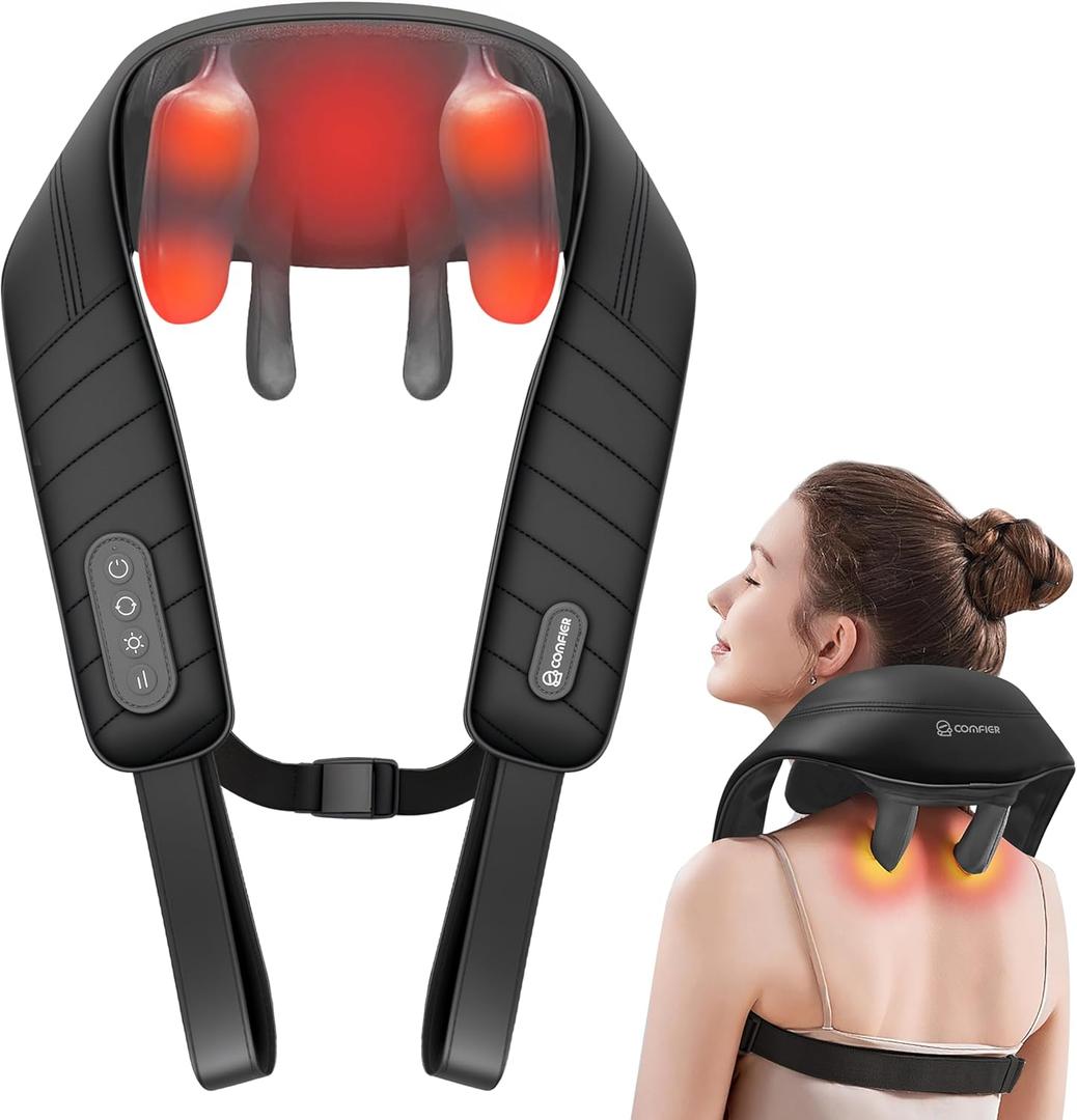 COMFIER Cordless Neck Massager with Heat, 4D Kneading Neck and Shoulder Massager Deep Tissue, Shiatsu Neck Back Massager Pillow, 2 Heating Levels,Gifts for Mom Dad (Gray)