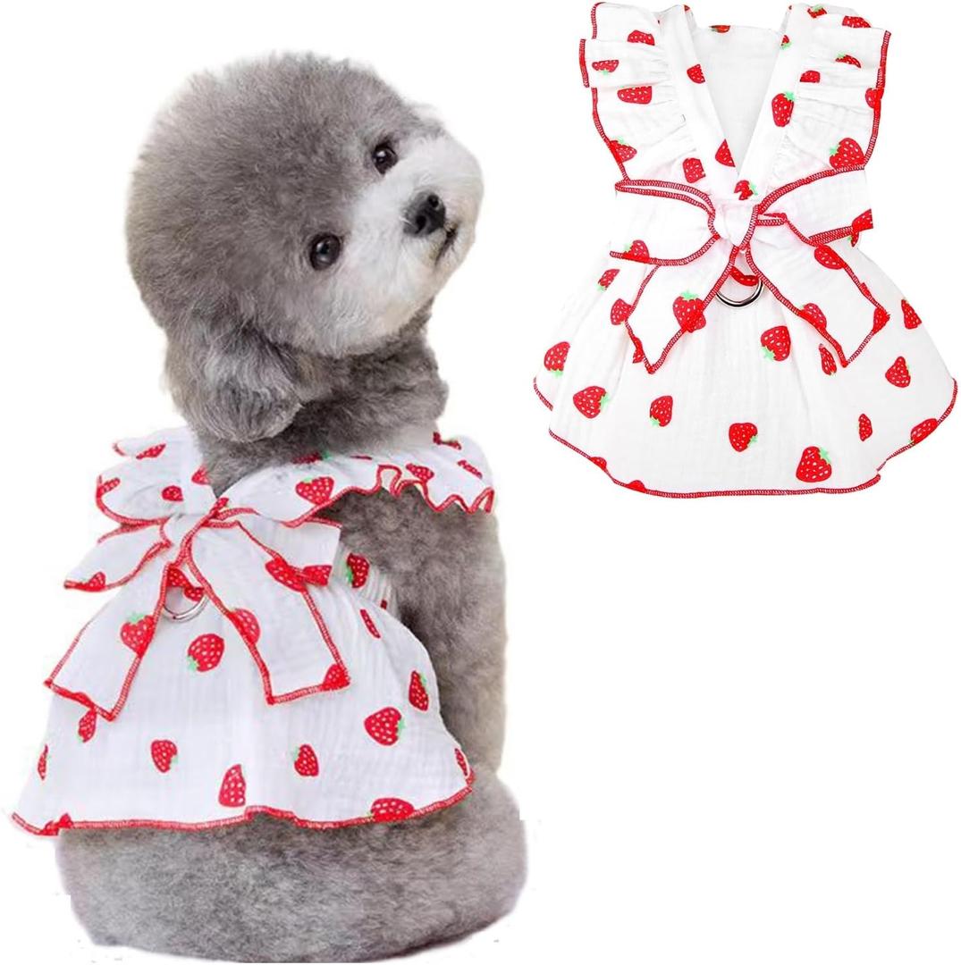Strawberry Print Dog Dress for Small Dogs & Cats, 100% Cotton, White, X-Small