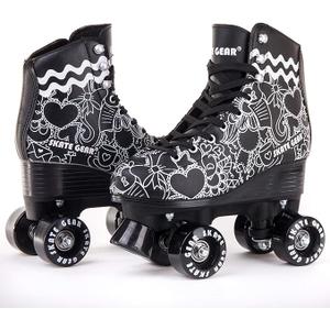 Skate Gear Retro Quad Design Roller Skates (Youth 1, Graphic Black)