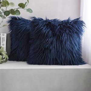 Phantoscope Pack of 2 Faux Fur Solid Throw Decorative Pillow Cover Cushion Covers Luxury Soft Decorative Pillowcase Fuzzy Pillow Covers for Bed/Couch, Navy Blue 18 x 18 Inches