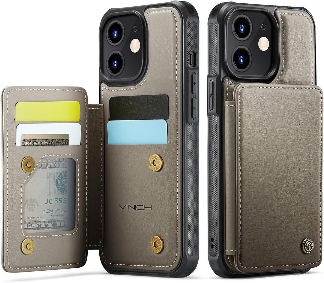 Vinich for iPhone 12/12 Pro Wallet Case with Card Holder, RFID Blocking Credit Slots Kickstand Shockproof Phone Cover Fit for iPhone 12/12 Pro 6.1" Gray