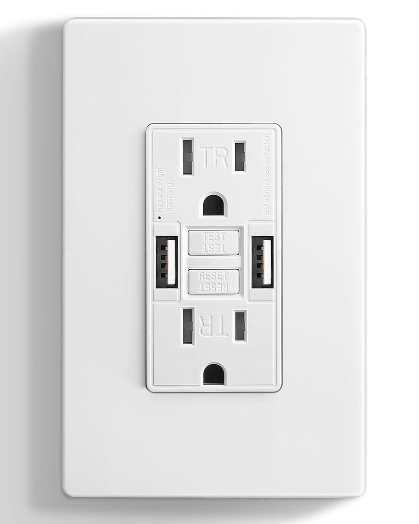 SURAIELEC 15 Amp GFCI Outlet with Dual USB-A Ports, Self-Test GFCI Electrical Outlet Combination with USB-A, Tamper-Resistant GFCI USB Outlet, Screwless Wall Plate Included, ETL Listed, White,1-Pack