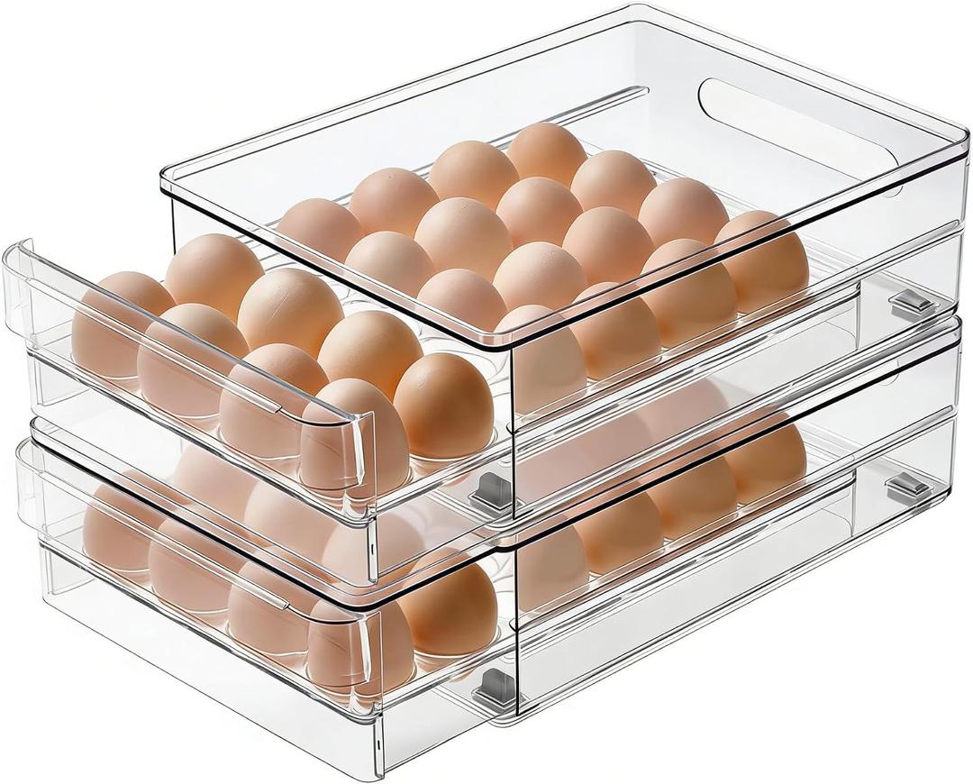 vacane Egg Holder for Refrigerator, 48 Capacity Clear Egg Storage Drawer with Non-Slip Pads, Stackable BPA-Free Egg Organizer Tray for Fridge, 2 Pack-Clear