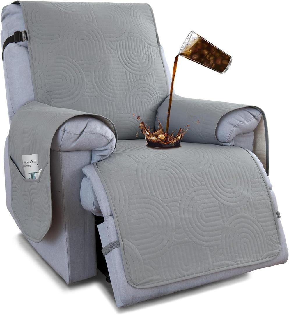 100% Waterproof Recliner Chair Cover,Non Slip Covers for Recliner Chair Washable Dog Chair Cover Furniture Protector with Pocket, Elastic Straps for Kids, Dogs, Pets (Light Grey, 23.6'')