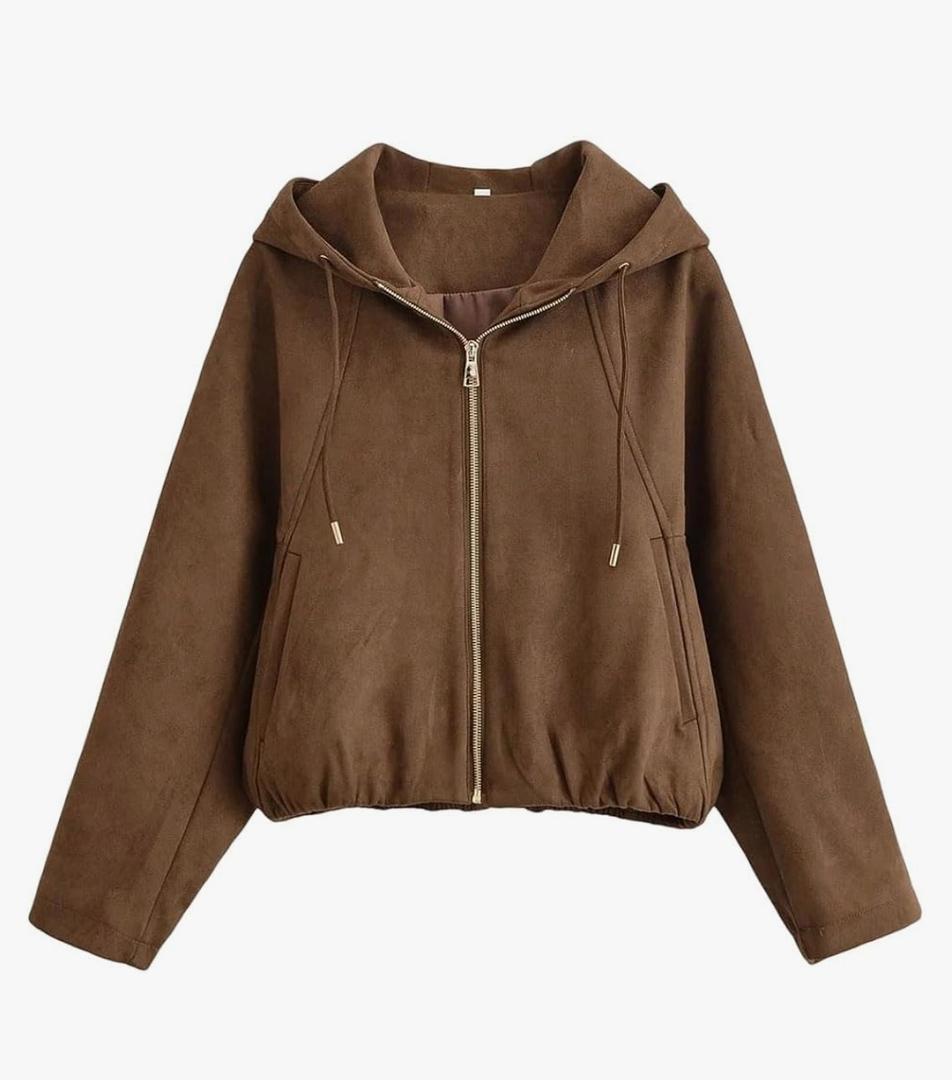 Women Hooded Faux Suede Bomber Jacket Front Zipper Long Sleeve Casual Autumn Winter Short Coat, Small