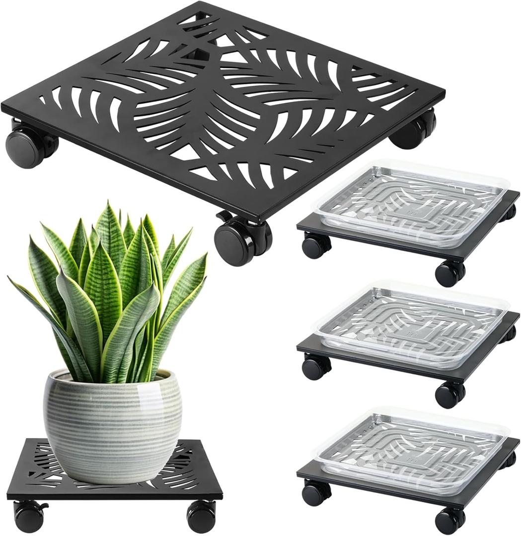 3 Packs 12" Metal Square Plant Caddy with Wheels Large Iron Rolling Plant Stand with Casters Heavy-Duty Plant Dolly Coaster Plant Pot Mover Roller Base for Indoor Outdoor, Black