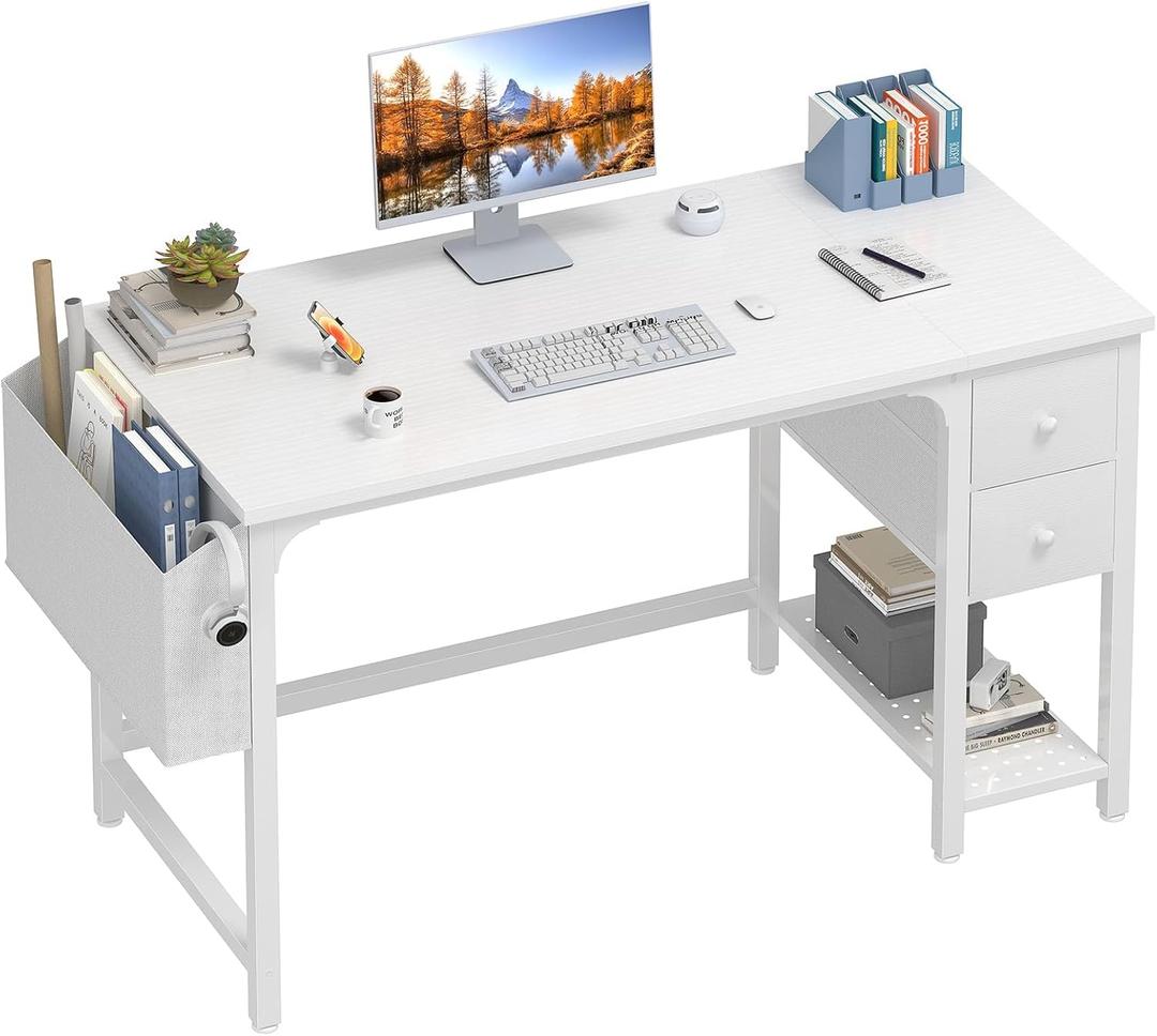 Lufeiya White Computer Desk with Drawers - 47 Inch PC Desk for Small Space Bedroom Home Office, Modern Simple Study Writing Table Desks with Storage Shelf, White