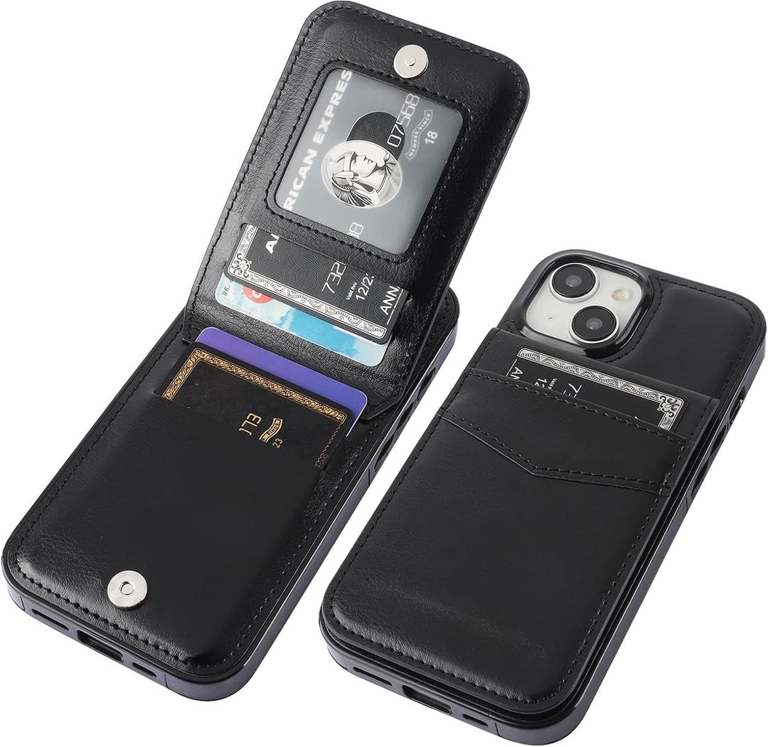 KIHUWEY Compatible with iPhone 15 Case Wallet with Credit Card Holder, Flip Premium Leather Magnetic Clasp Kickstand Heavy Duty Protective Cover for iPhone 15 6.1 Inch (Black)