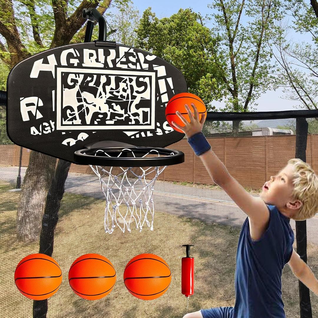 Basketball Hoop for Trampoline, Fits Straight and Curved Pole Trampoline Basketball Hoop Attachment with Balls and Pump, Universal Accessories of All Ages, Height and Angle Adjustable