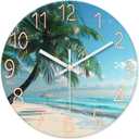 XFM Beach Wall Clock Silent Non-Ticking Battery Operated Clocks 12 Inch Blue Ocean Tropical Palm Tree Wall Clock Decorative for Living Room Kitchen Bedroom Office