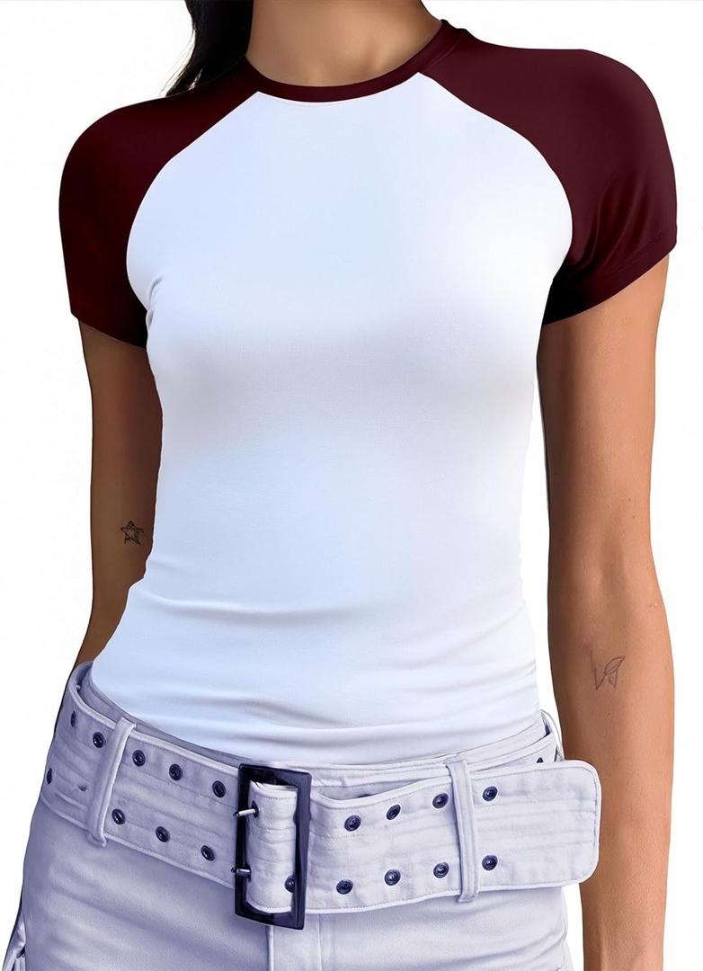 Abardsion Trendy Baby Tees for Women Y2K Shirts Cute Short Sleeve Crewneck Slim Fit Going Out Tops (X-Large, White & Burgundy-sleeve)