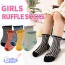Eocom Toddler Ruffle Socks Baby Girls Non Slip Frilly Dress Cotton Grips Socks 6 Pairs (6-12 Months, Check)