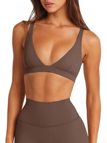 LASLULU Womens Coffee Brown Deep V-Neck Sports Bra Padded Wireless U Back Workout Bra Low Impact Gym Workout Yoga Crop Tops Sexy Brown Large