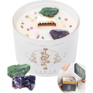 Taurus Virgo Capricorn Gifts for Women - 12oz Wood Wick Candles That Crackle with Crystals and Healing Stones. Healing Crystal Candles for Women Home Scented Soy Wax, for Zodiac Birthdate