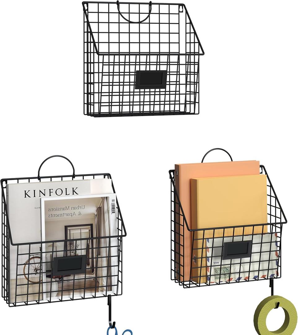 Hanging Wall File Organizer Metal Wall Mounted File Holder Folder with Handles and Hooks, Magazine Document Rack, for Home Office or Decor, 3 Packs (Patent Pending)