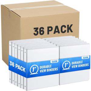 SUIN 3 Ring Binder Bulk 36 Packs -Premium 1'' Binders with Roung Ring Binder, Large 200 Sheet Capacity, Fit 8.5" x 11" US Letter Size Paper, White (1'' White - 36 Packs)