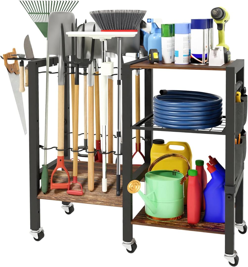 Dobures Garden Tool Organizer with Lockable Wheels, Heavy Duty Yard Tool Storage Rack for Shovels and Rakes, 3 Tier Lawn Care Utility Holder with hooks for Garage, Shed, Yard and Laundry Room