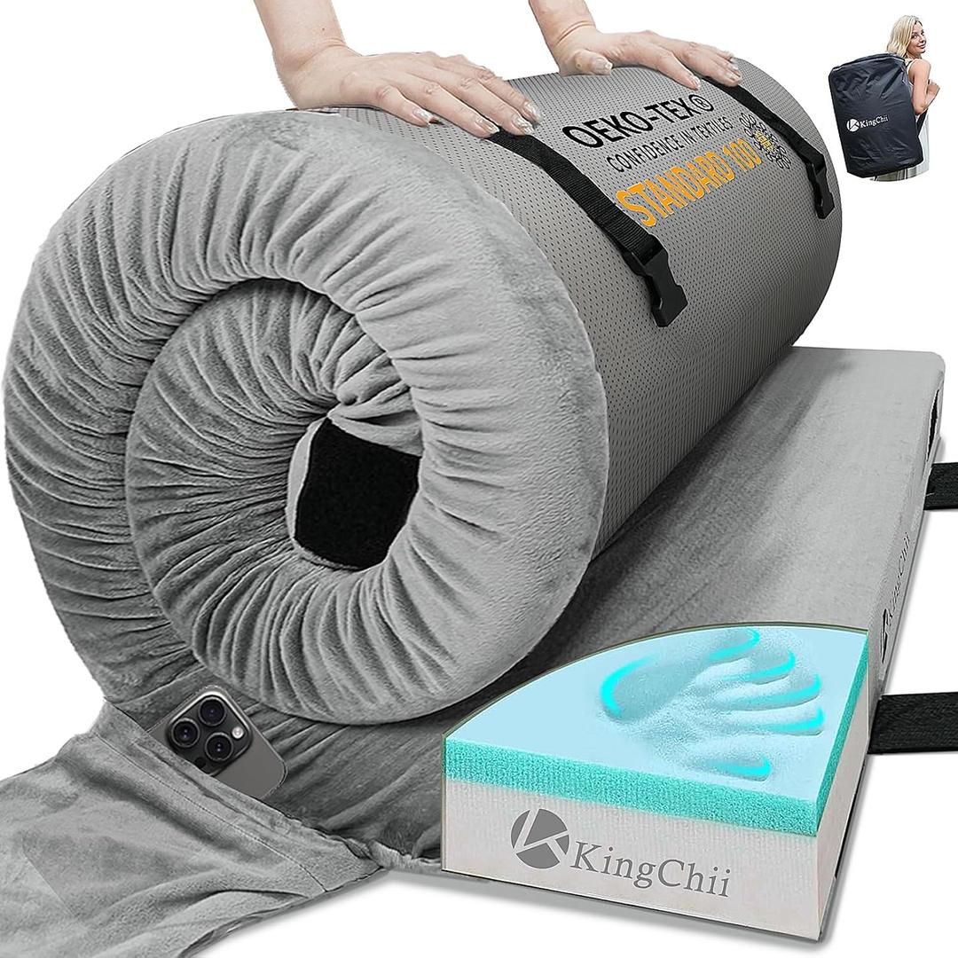 KingChii CertiPUR-US Memory Foam Camping Mattress, Portable Roll Up Travel Car Camping Mattress Sleeping Pad & Floor Mattress, Cot Mattress Guest Bed for Sleepover with Waterproof Cover & Travel Bag (75*30*3*inch/Single, Grey)