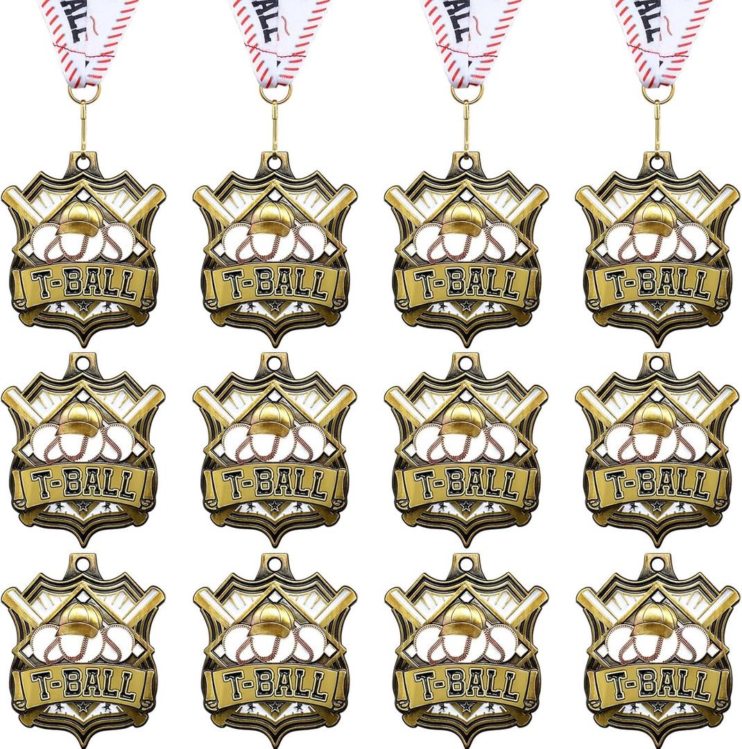 24 pcs T-Ball Medals 2 Inch Softball Team Awards Baseball Metal Medals Gold Volleyball Medal Football Basketball Soccer Sports Award with Neck Ribbon for Kids