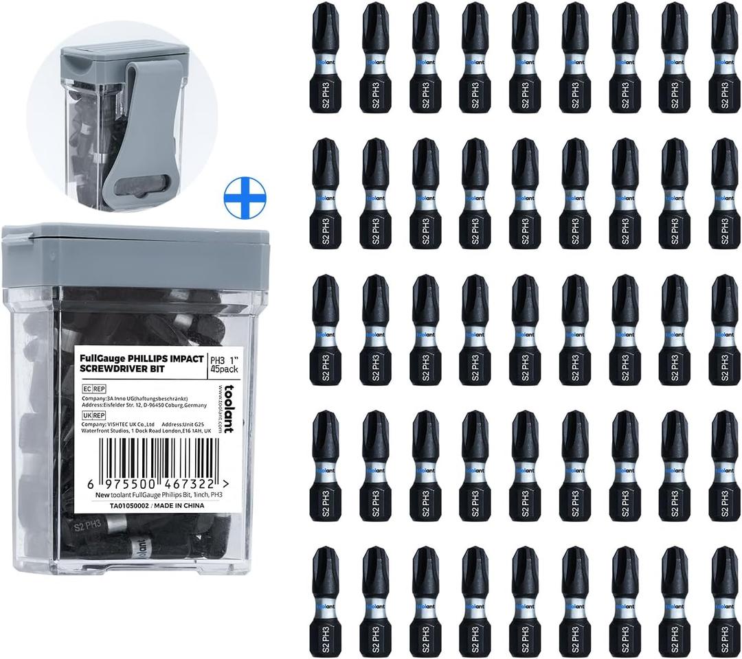 toolant 1 Inch Phillips Bit#3 Magnetic Anti Slip Impact Screwdriver Bits Set,45pcs Insert S2 Steel PH3 Driver Dit Set with CNC Machined Tips for Power Drill
