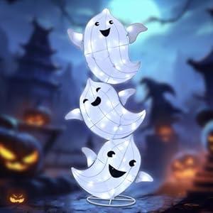 Halloween Decorations Outside Ghost Decor - HOYECHI Halloween Decorations Outdoor Lighted 3 Pack Ghost 3.5FT, Light Up Ghost With 75 Led Lights, Ground Stakes, for Front Yard Porch Gardens Lawns Party 