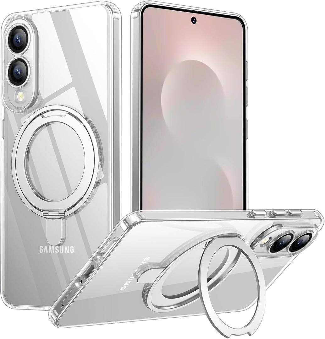 Temdan Designed for Samsung Galaxy S25 Edge Case, Magnetic 360 Rotatable Ring Stand [Compatible with Magsafe] Military-Grade Protection Kickstand Phone Case for Galaxy S25 Edge-Clear