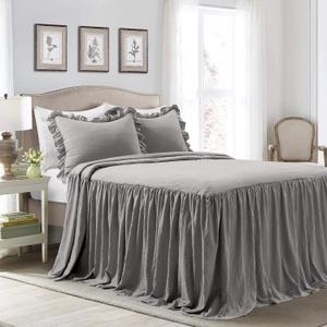 Lush Decor Ruffle Skirt Bedspread 3 Piece Set, Queen, Dark Gray - Gray Queen Bedding - Ruffled Bedspread - Vintage Farmhouse Decor