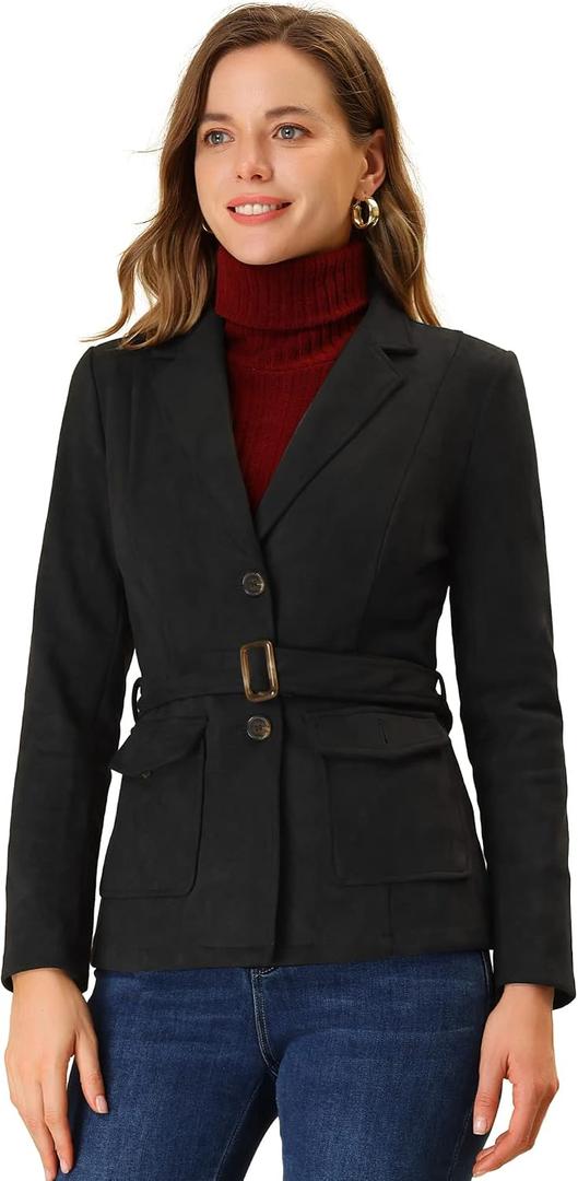 Allegra K Women's Faux Suede Blazer Belted Lapel Outwear Single Breasted Work Jacket (Black, XL)