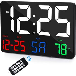 Digital Wall Clock,11.5" LED Digital Alarm Clock Large Display,with Remote Control,Adjustable Brightness, Calendar, Temperature, Snooze, 12/24 H, for Living Room, Office, Bedroom, Elderly, Adults (Black-multicolor)