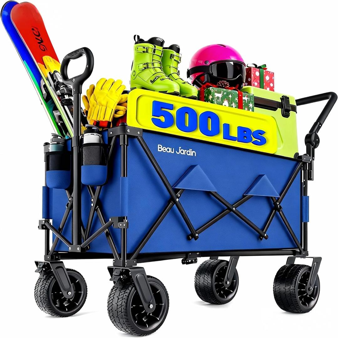 BEAU JARDIN Folding Push & Pull Beach Wagon 500 lbs Collapsible Foldable Wagons with Push Handle All Terrain Wheels Grocery Utility Camping Skiing Ice Fishing Sports Garden Wagon Cart Christmas Blue (Extra Large)