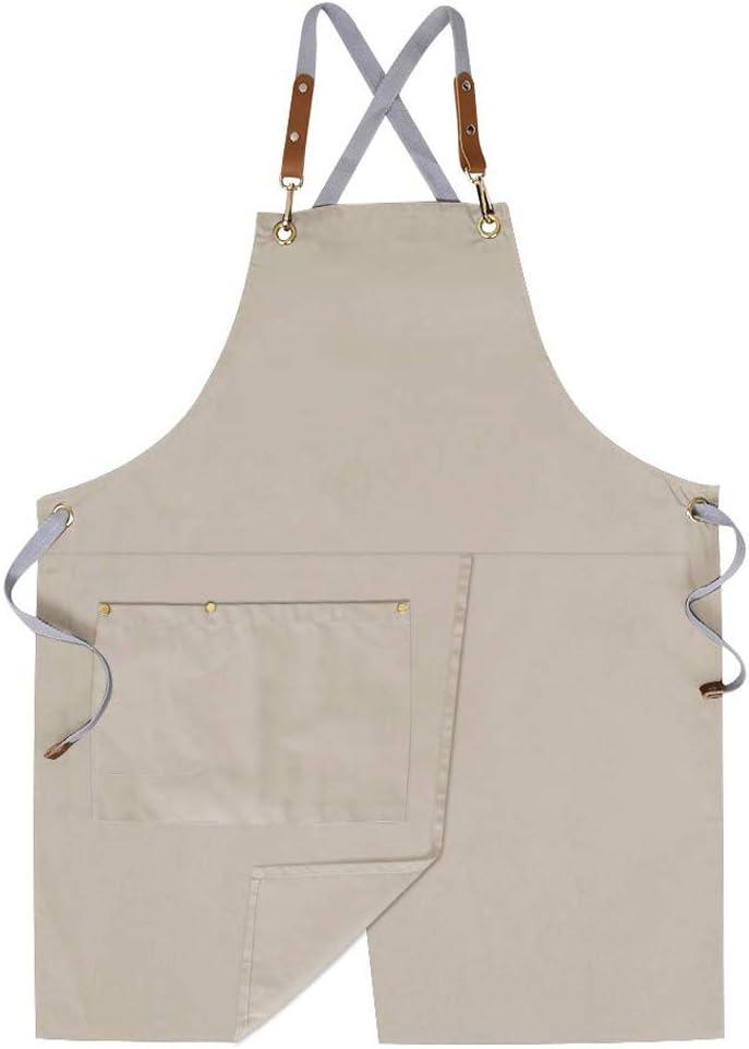 Crossback Apron with Pockets x2,Split Apron with Adjustable Straps,M-XXL (Beige)
