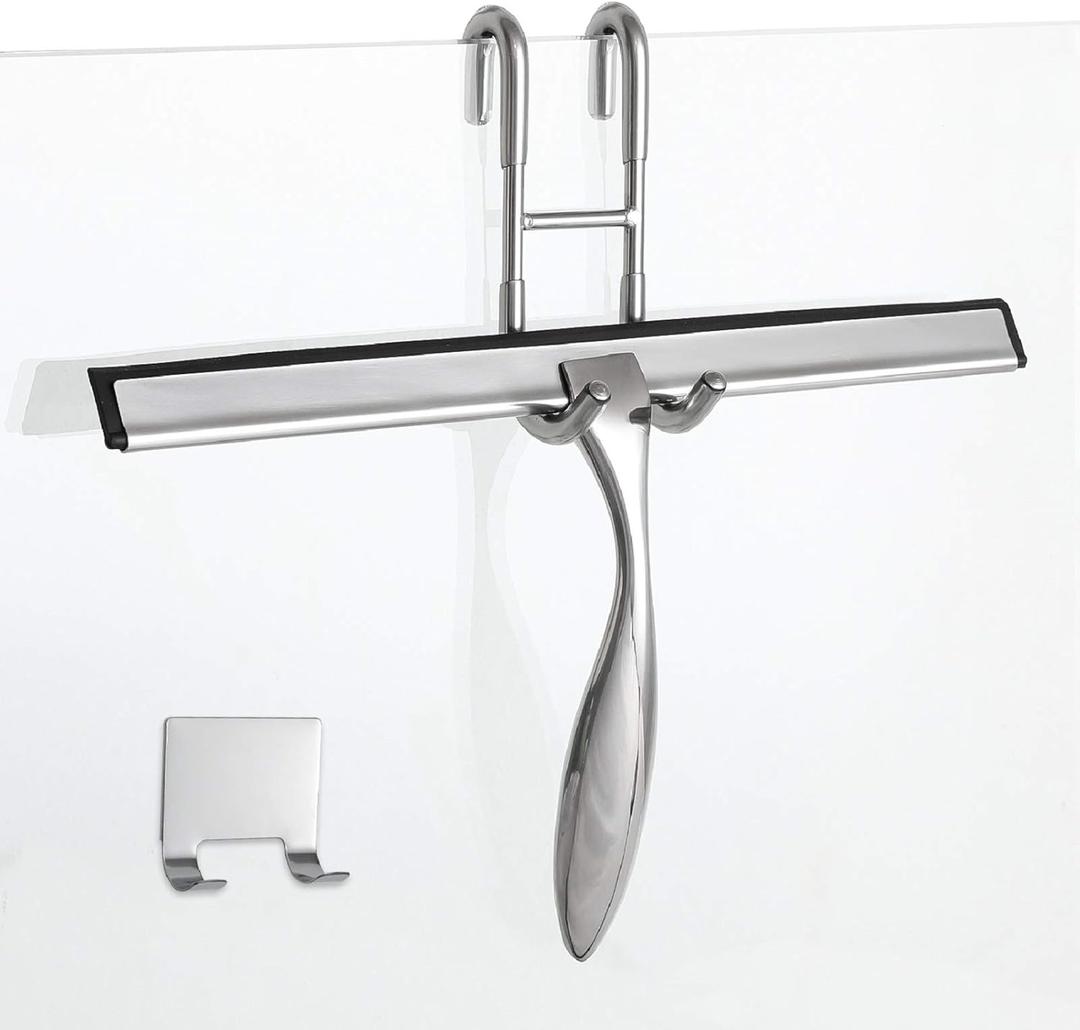 Simtive 12-Inch Shower Squeegee Set, Includes Shower Door Hook and Adhesive Hook, Squeegee for Shower Doors, Mirror and Window, Silver