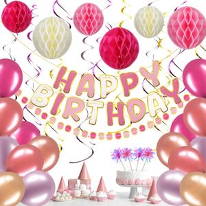 TaoBary Pink Birthday Decorations, Happy Birthday Banner, Honeycomb Balls, Garland, Metallic Balloons, Hanging Swirls, Cupcake Toppers, Happy Birthday for Women Girls Birthday Princess Party