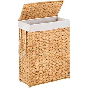 Handwoven Slim Laundry Hamper with Lid, Narrow Wicker Laundry Basket, Natural Water Hyacinth Basket and Handleswith Removable Liner Bag & 2 Mesh Bags (Natural with Lid, 55L)