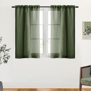 SHINELAND Olive Green Short Curtains 48 Inch Length for Bedroom,Rod Pocket Linen Semi Sheer Light Filtering Farmhouse Boho Shower Window Bathroom Curtains，Set of 2 Panels
