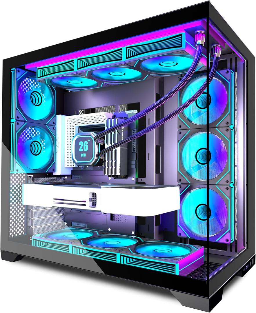 PC CASE 9 PWM ARGB Fans Pre-Installed, Mid-Tower Gaming PC Case, Panoramic Tempered Glass Computer Case with Type-C,420mm&360mm Radiator SupportBlack,K9