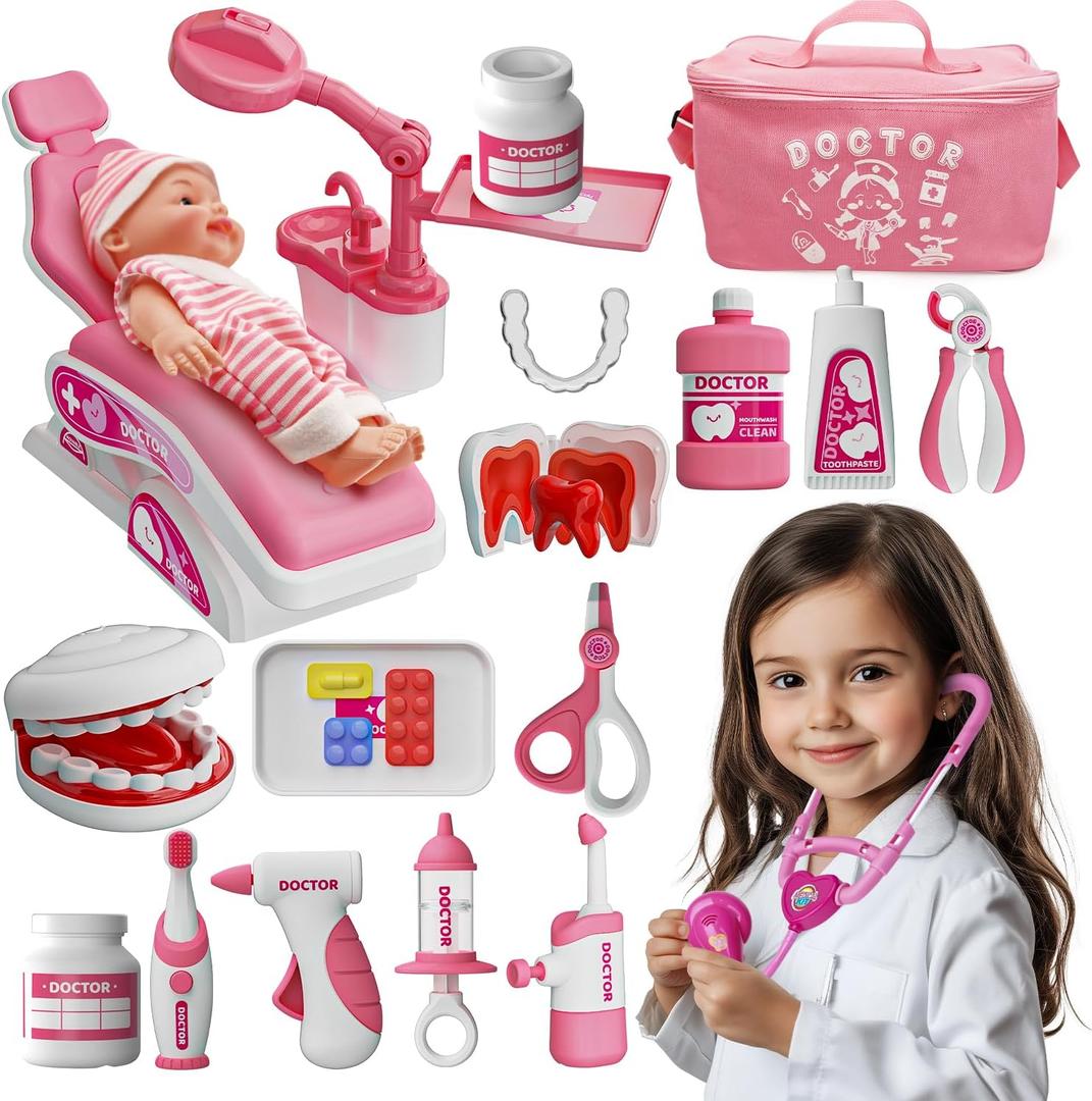 Toy Doctor Kit for Toddlers, Kids Dentist Play Set with Dentist Chair, Doll Toy, Stethoscope, Large Carrying Storage Bag, Dental Accessories, Pretend Doctor Play Medical Gift Kit for Girls(Pink