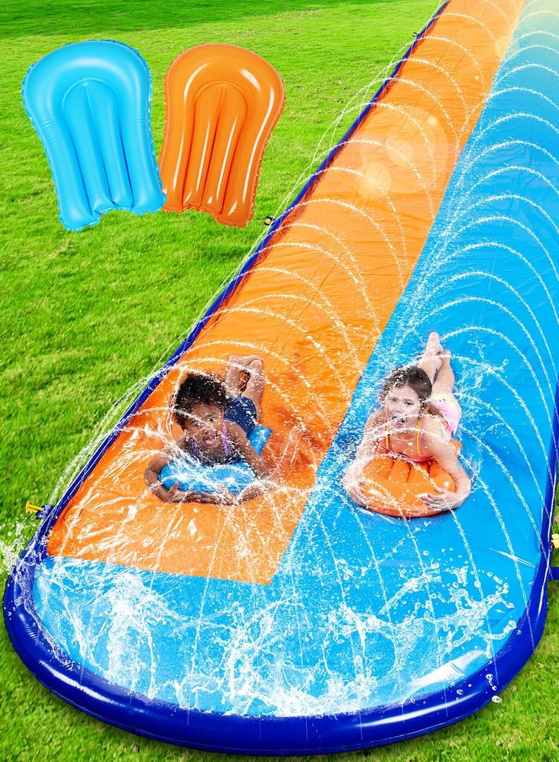 Sloosh 22.5FT Double Water Slides, Heavy Duty Lawn Slide with Sprinkler and 2 Inflatable Boards Backyard Yard Lawn Summer Outdoor Water Toy for Kids Adults