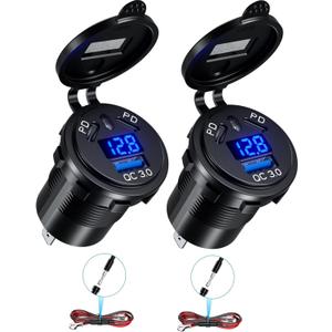 2 Pack 12V USB Outlet Wire Charger Multi Port, 108W Dual PD & QC 3.0 Car Port Socket with Power Switch, USB C Cigarette Lighter Replacement 12 Volt Socket with Voltmeter Waterproof for Marine Boat RV