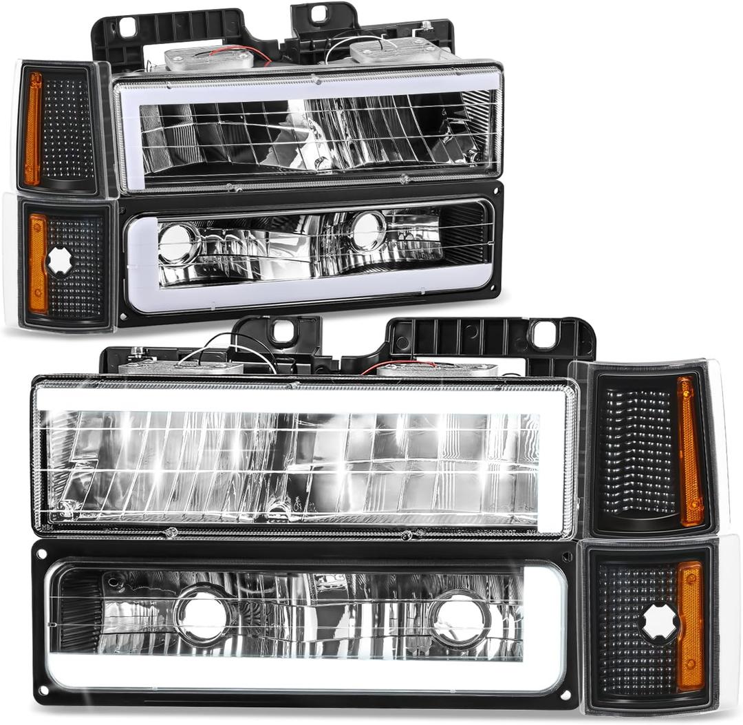 Auto Dynasty LED DRL Headlights Assembly Compatible with 1994-2000 GMC C/K Series Yukon Suburban, 8Pcs Composite Headlamps w/Bumper Lamps, Dual C-Style Running Lights, Black Housing Amber Corner