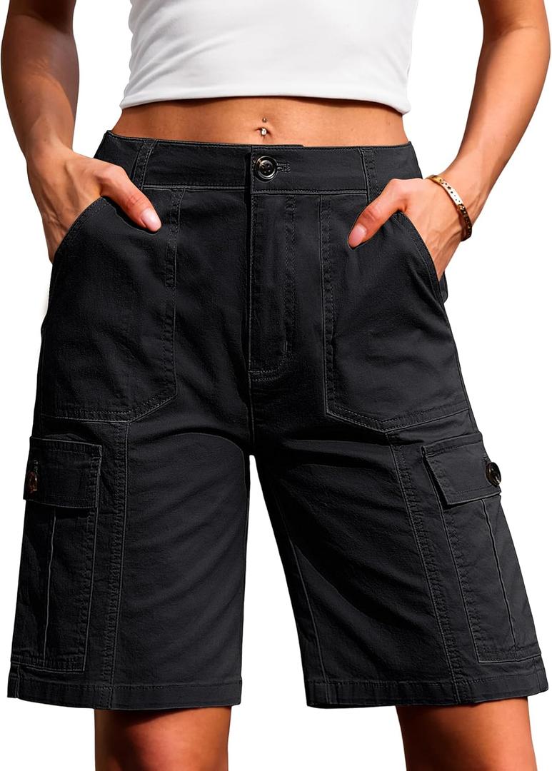 Eddoyee Bermuda Cargo Shorts for Women Casual Long Knee Length High Waisted Stretch Wide Leg Relaxed Fit (Large)