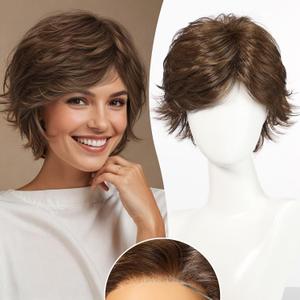 BLONDE UNICORN Brown Mono Top Synthetic Lace Front Wig for White Women,Pixie Cut Dark Brown Short Wig for Daily Use 8IN