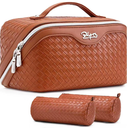 BOYATU Travel Makeup Bag Cosmetic Bags for Women: Large Capacity 3 Pcs Set Make up Bag with Compartments - Waterproof Vegan Leather Toiletry Organizer Bags with Handle (L08 Brown)