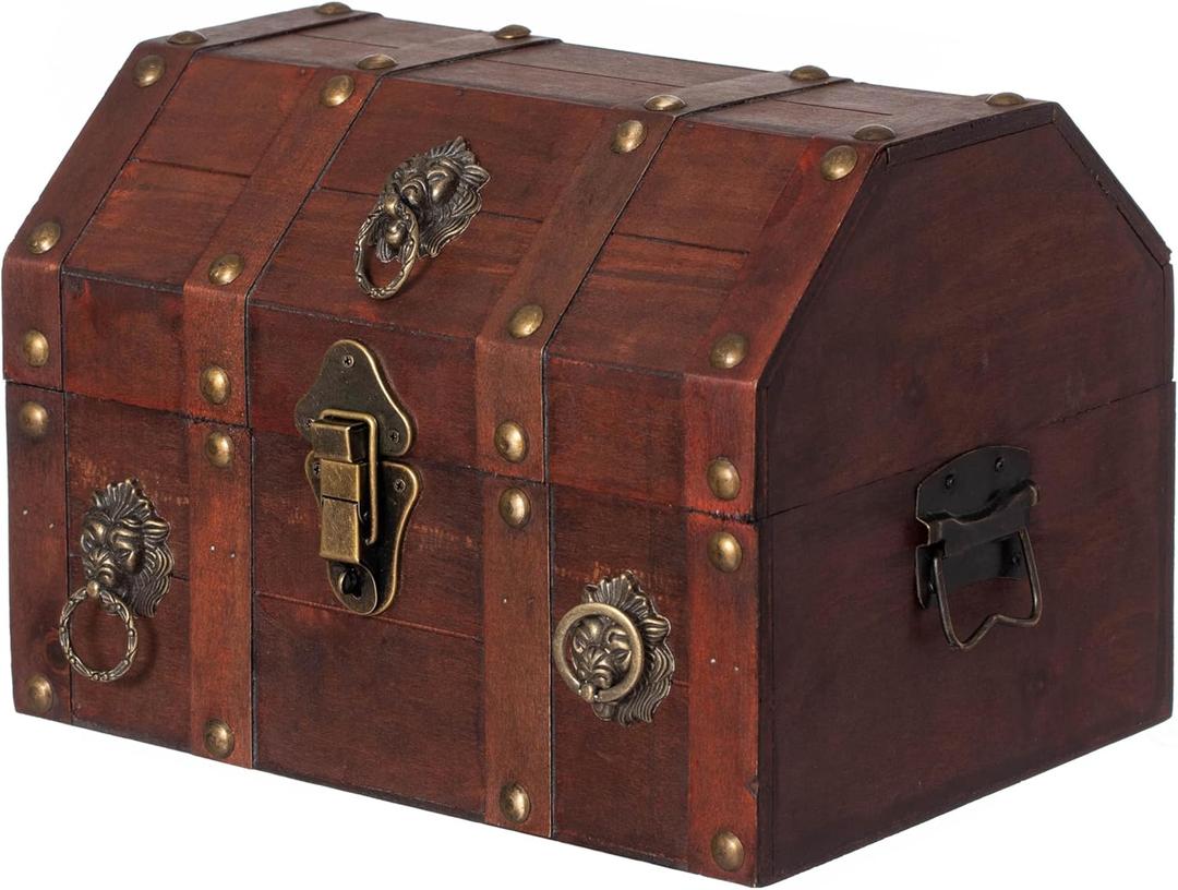 Handmade Pirate Treasure Chest with Latch - Vintage Wooden Storage Trunk and Treasure Box with Hinged Lid - Antique Decorative Storage Box for Pirate-Themed Birthday Party and Keepsakes