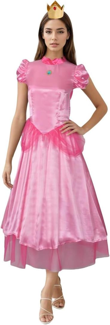 Women Princess Peach Costume Super Brothers Party Gown Ball Dress (Large, Pink)