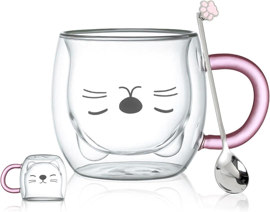 2 x Purple Cat Mug Cute Mugs Glass Double Wall Insulated Glass Espresso Cup, Kawaii Cup, Coffee Cup, Tea Cup, Milk Cup, Best gift for Office and Personal Birthday Christmas (Purple Cat)
